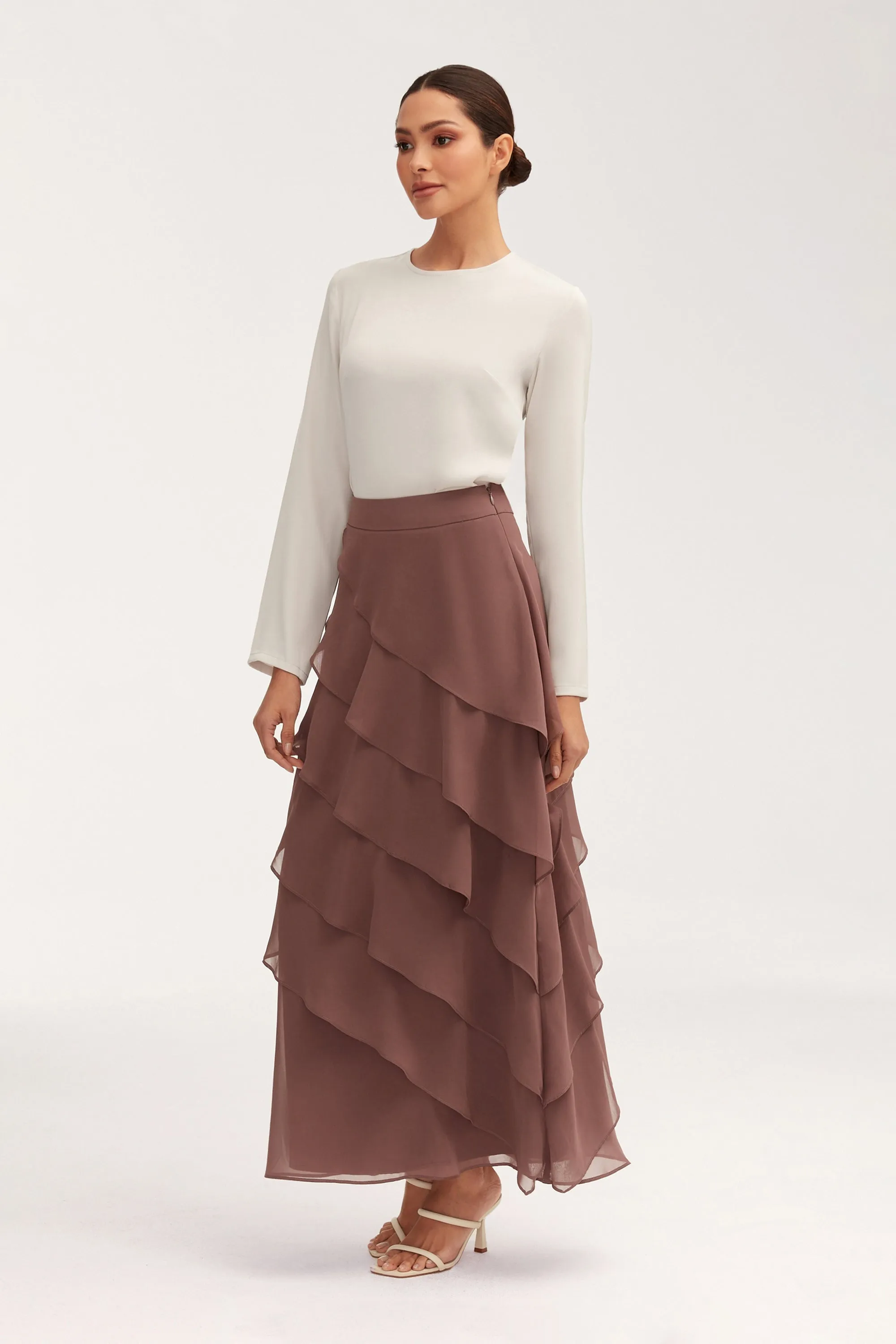 Tasnima Tiered Chiffon Maxi Skirt - Deep Taupe