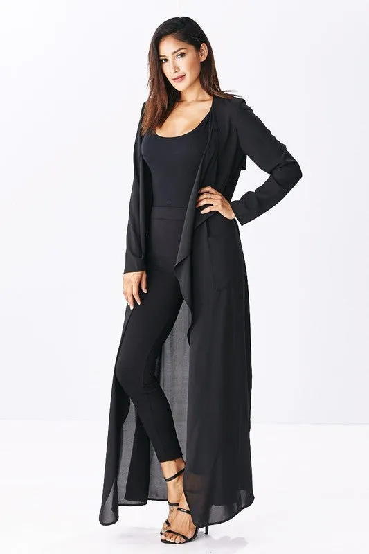 THE MYSTYLEMODE BLACK OPEN CASCADING COLLAR TRENCH