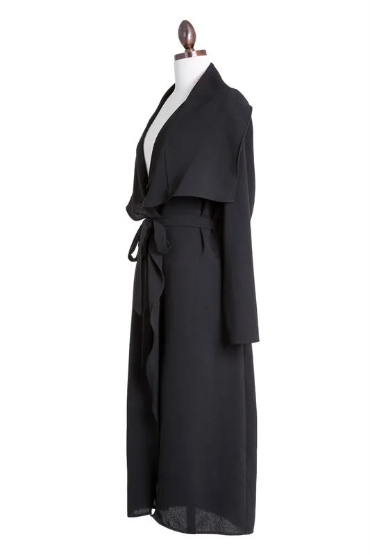 THE MYSTYLEMODE BLACK OPEN CASCADING COLLAR TRENCH