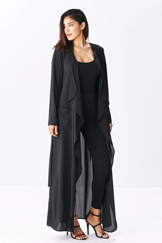 THE MYSTYLEMODE BLACK OPEN CASCADING COLLAR TRENCH