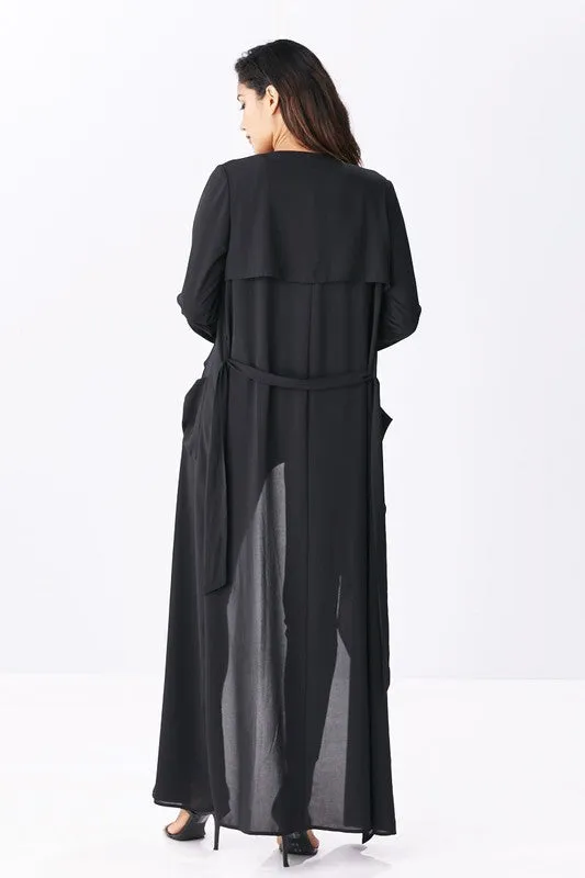 THE MYSTYLEMODE BLACK OPEN CASCADING COLLAR TRENCH