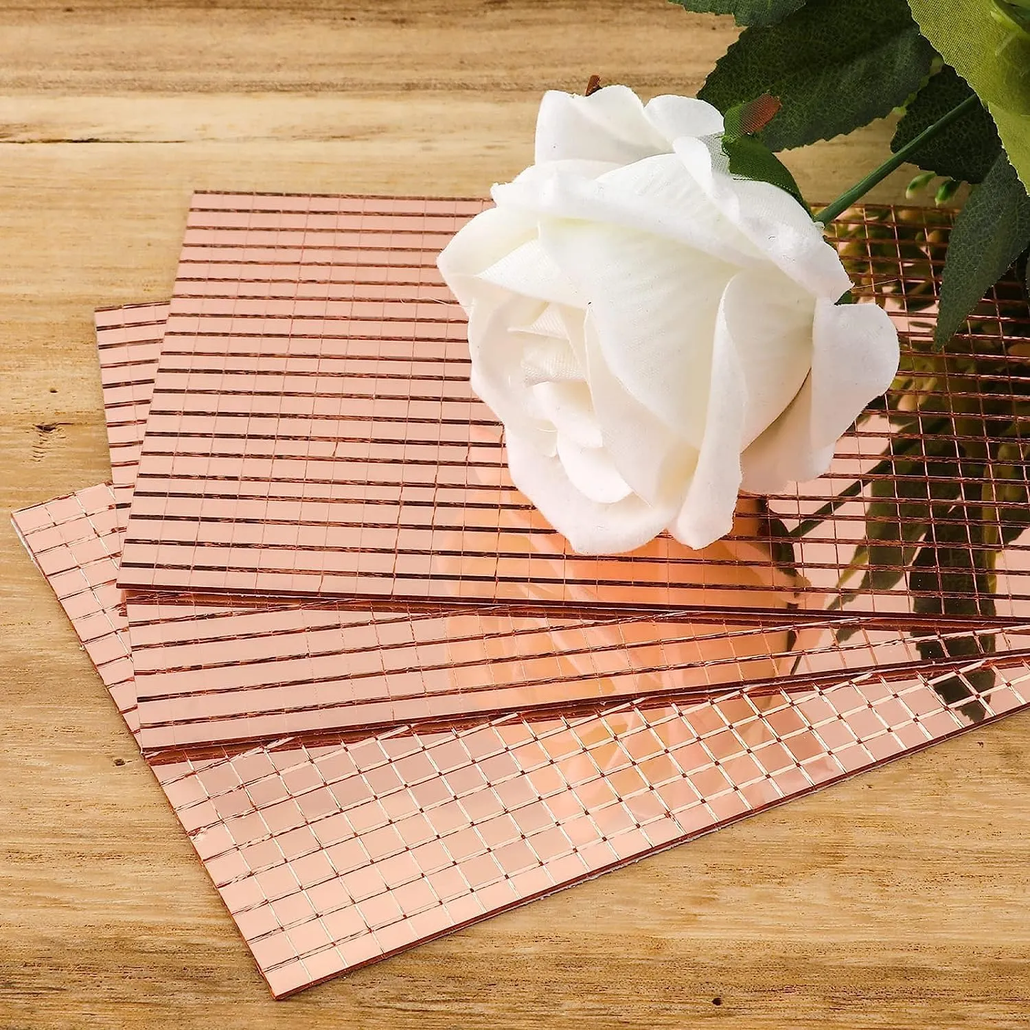 TRENCH 3D Mosaic Tile Stickers - Self-Adhesive Glass Mirror Mosaic Tile Craft | Waterproof Mini Square Mirror Tiles | Mirror Roll Stickers for DIY Home Craft Decoration Material (Rose Gold_3 PCS)