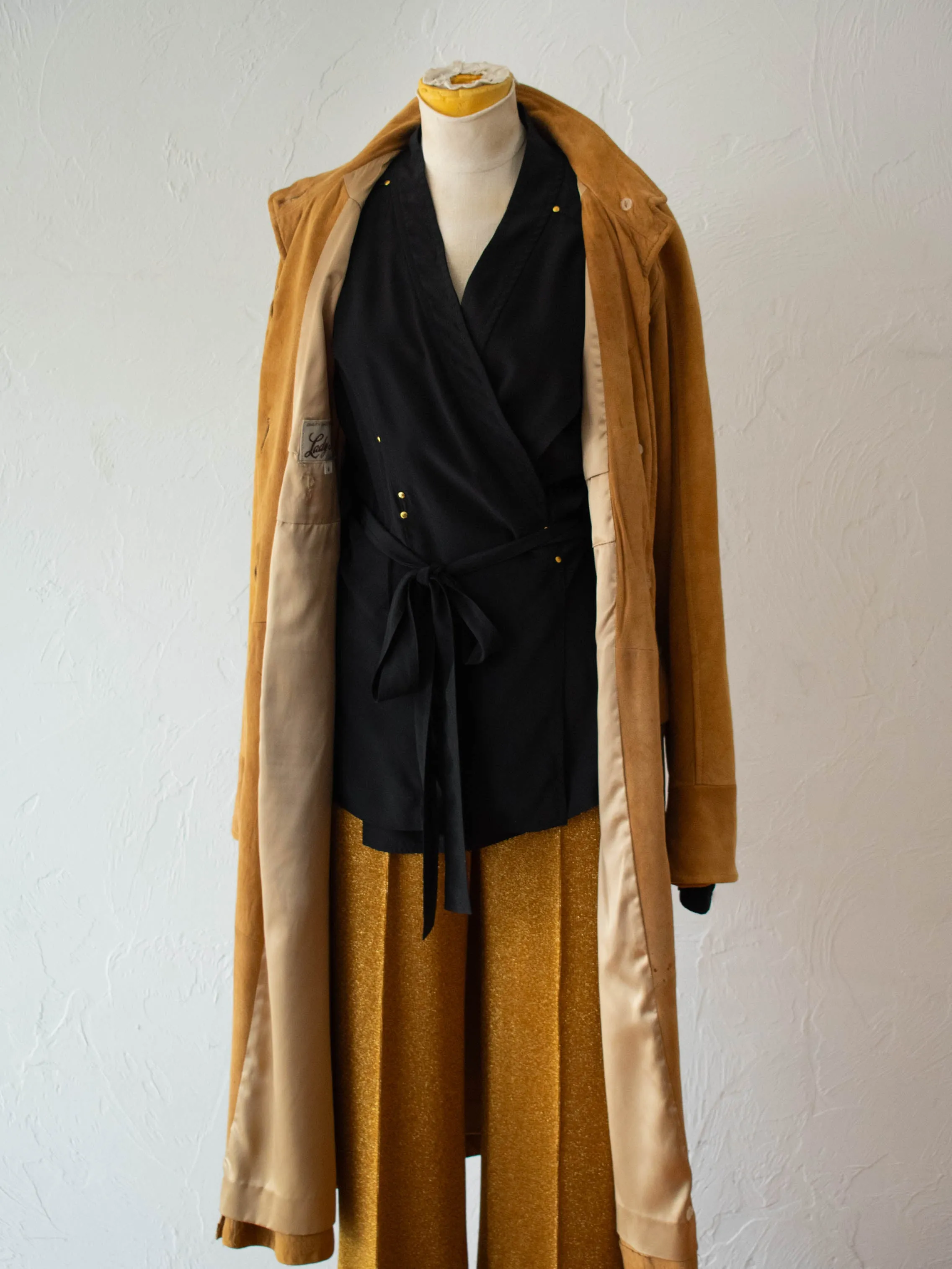 Vintage Lady Skully Caramel Suede Leather Trench Coat M