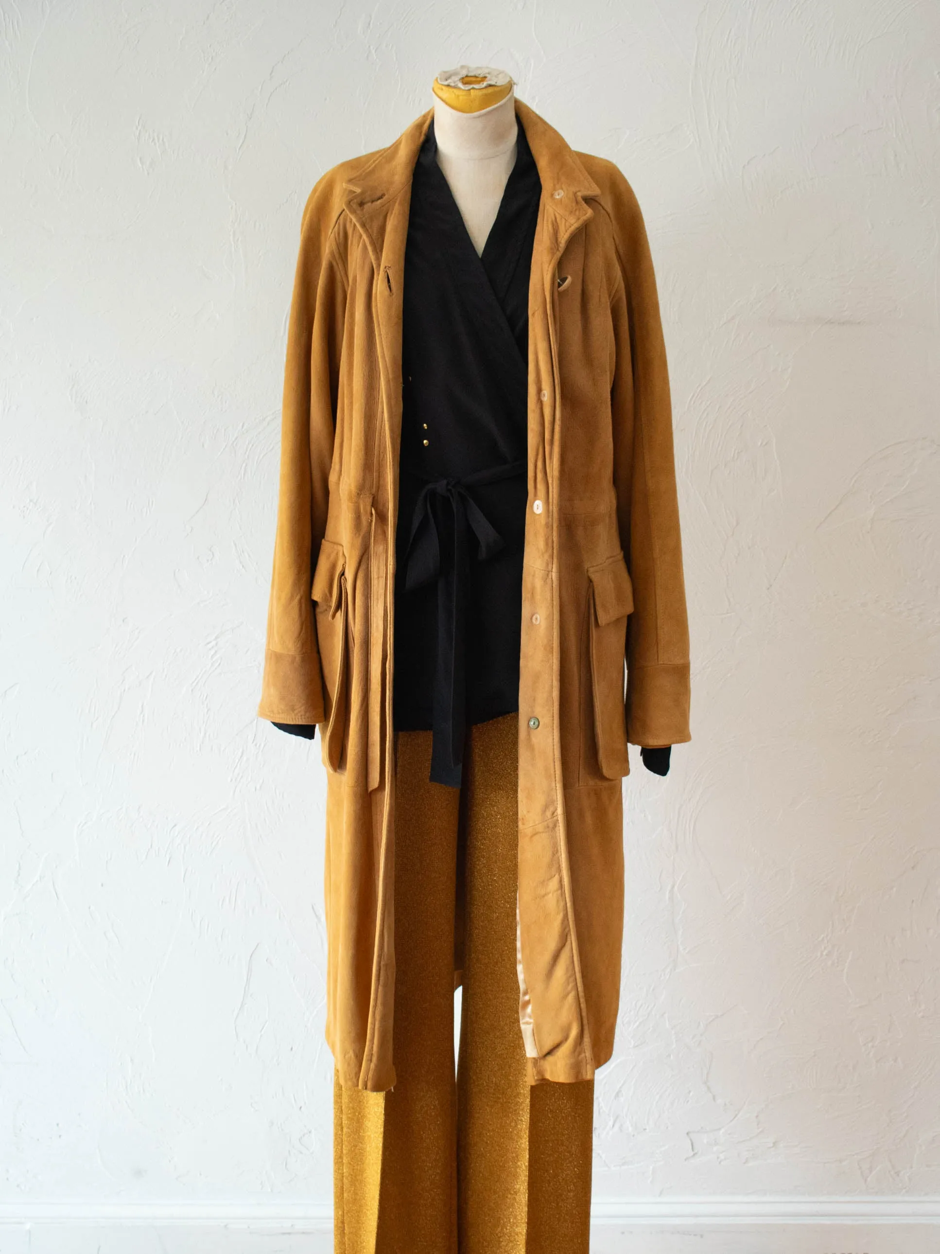 Vintage Lady Skully Caramel Suede Leather Trench Coat M