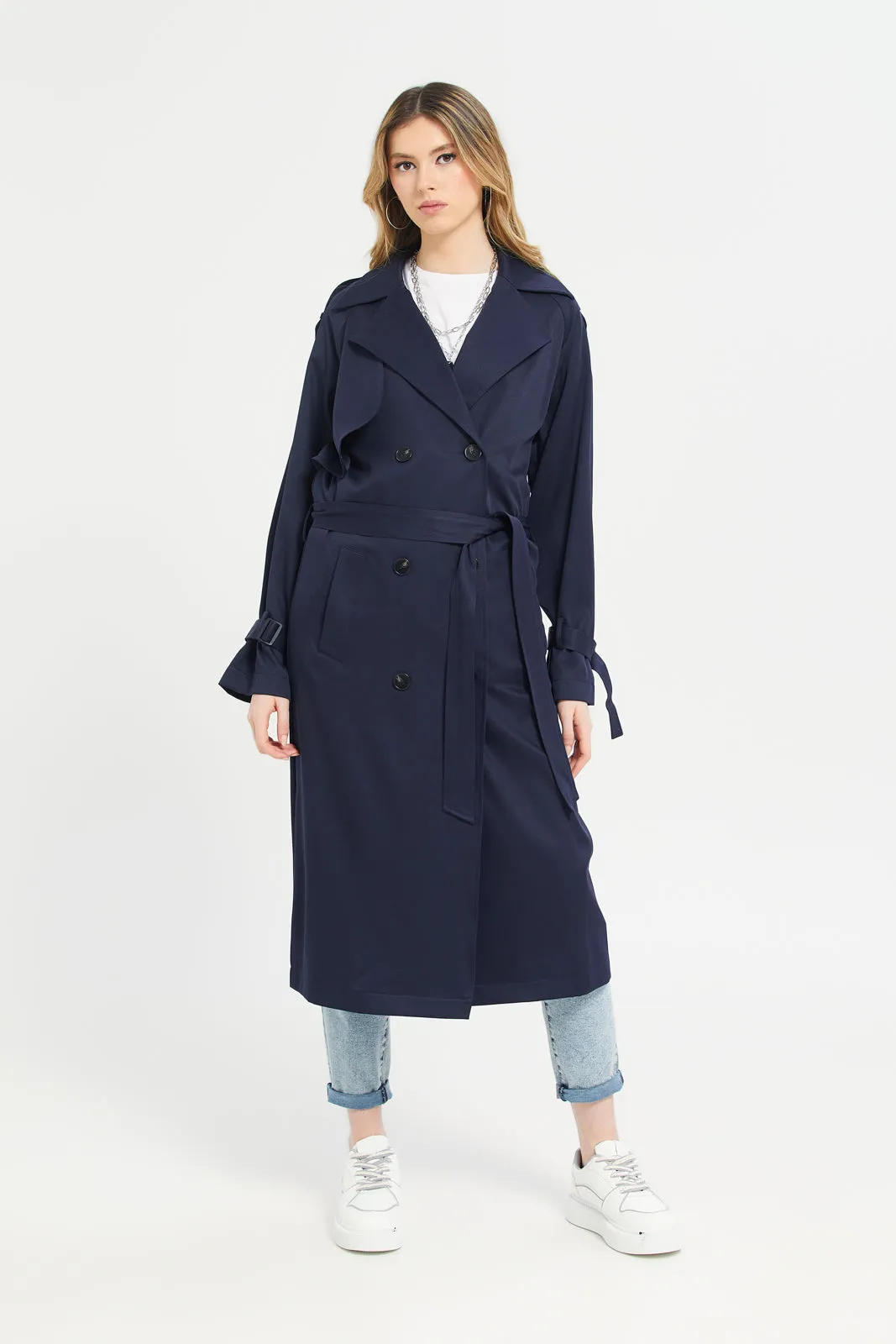 Women Navy Plain Long Casual Jacket