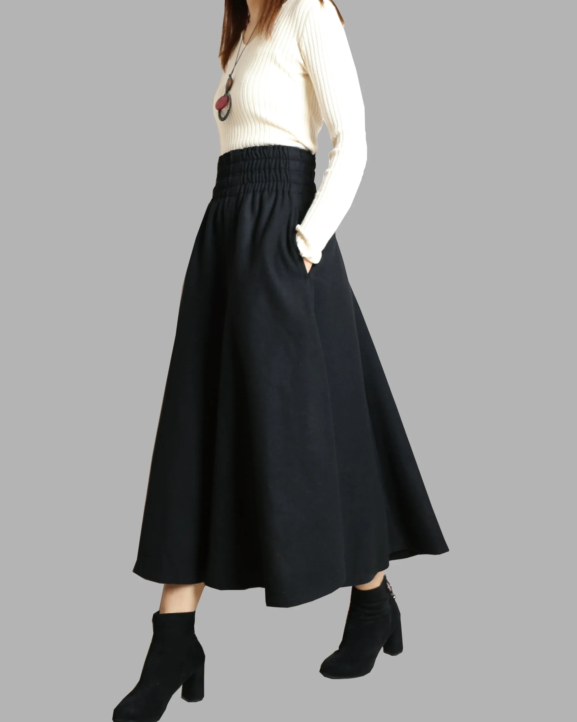 Women's wool skirt/elastic waist skirt/winter skirt/flared skirt/maxi skirt/ankle length skirt(Q1099)