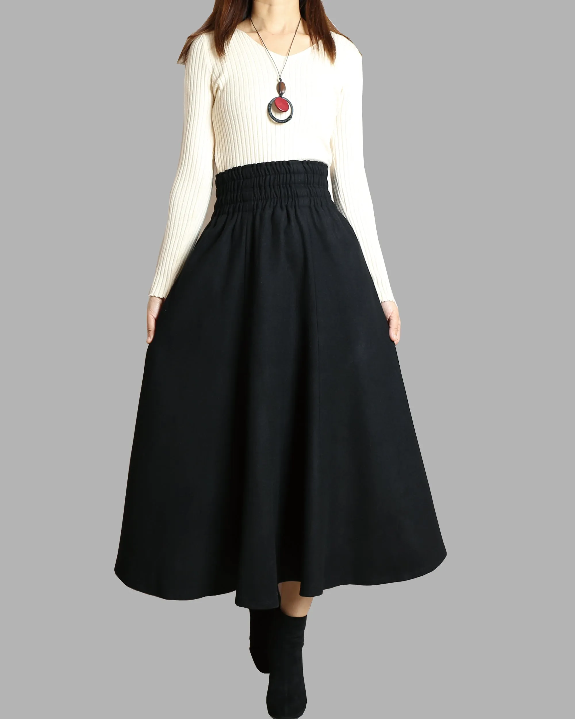 Women's wool skirt/elastic waist skirt/winter skirt/flared skirt/maxi skirt/ankle length skirt(Q1099)